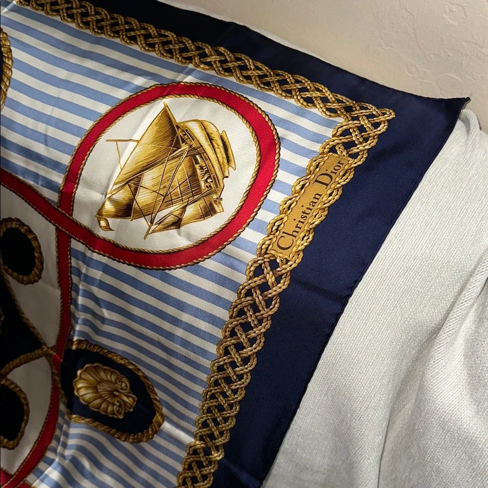 Christian Dior Nautical Themed Silk Scarf red white blue gold